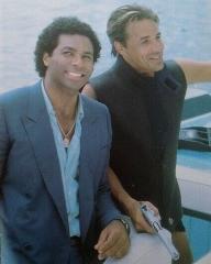 Behind the scenes pic of Crockett and Tubbs in the S2 episode "Junk Love."